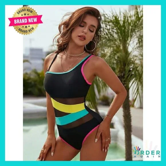 One Shoulder Mesh One Piece Swimsuit Slimming Retro Elegant Chic - Picture 4 of 7